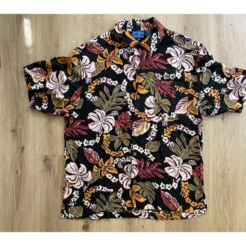 Ocean Pacific OP Men’s XL Hawaiian Aloha Shirt 100% Rayon Tropical Floral